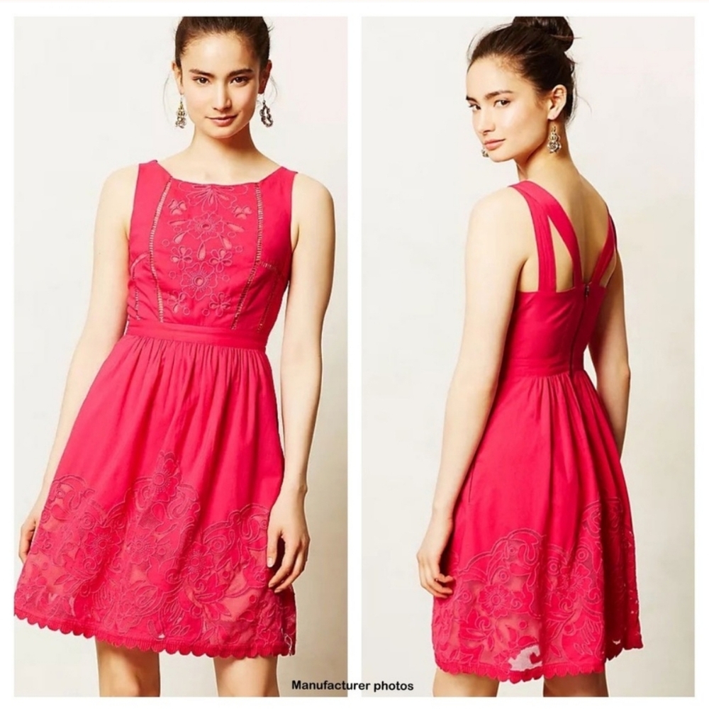 Anthropologie Hot Pink Embroidered Mini Dress